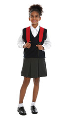 Happy African-American girl in school uniform on white background