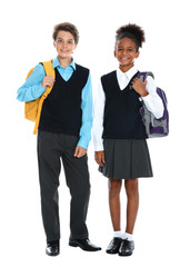 Happy pupils in school uniform on white background