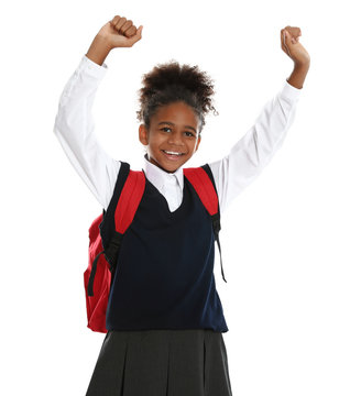 Evaluation Pakistani shave Happy African-American girl in school uniform on white background Stock  Photo | Adobe Stock