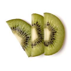 Fototapeta na wymiar Three kiwi fruit slices isolated on white background closeup. Half of kiwi slice. Kiwifruit slice, flatlay. Flat lay, top view.