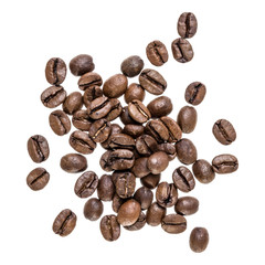 Coffee beans isolated on white background. Top view. Flat lay. Coffee beans flow in air, without shadow.