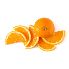 Orange fruit slice layout isolated on white background closeup. Food background. Flat lay, top view.