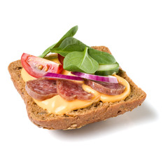Canape with salami. Open faced sandwich crostini isolated on white background closeup. Appetizer tartarine.