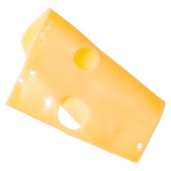 One cheese slice isolated on white background. Top view. Flat lay. Cheese slice in air, without shadow.
