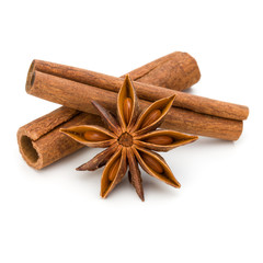 Cinnamon sticks and anise star isolated on white background close up