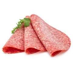 Salami smoked sausage slices isolated on white background