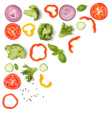 Creative layout made of tomato slice, onion, cucumber, basil leaves. Flat lay. Food concept. Vegetables isolated on white background. Copy space.