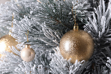 Beautiful Christmas tree with festive decor as background, closeup