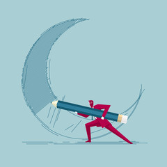 Businessman draws the moon. Isolated on blue background.
