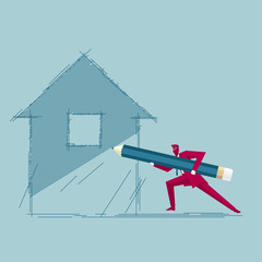 Businessman draws a house. Isolated on blue background.