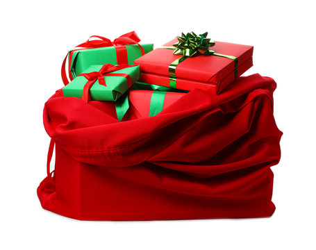 Santa Claus red bag full of presents isolated on white
