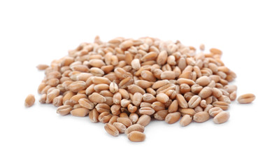 Pile of wheat grains on white background. Cereal crop