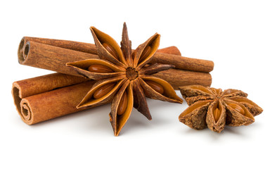 Cinnamon sticks and anise star isolated on white background close up
