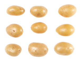 Potatoes set isolated on white background. Top view. Flat lay pattern. Potatoes in air, without shadow.