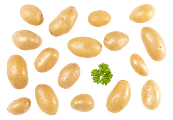 Potatoes and parsley isolated on white background. Top view. Flat lay pattern. Potatoes in air, without shadow.