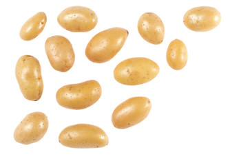 Potato isolated on white background with copy space for your text. Top view. Flat lay pattern. Potatoes in air, without shadow.