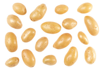 Potatoes isolated on white background. Top view. Flat lay pattern. Potatoes in air, without shadow.