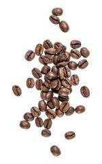 Coffee beans isolated on white background. Top view. Flat lay. Coffee beans flow in air, without shadow.