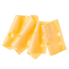 cheese slices isolated on white background. Top view. Flat lay. Cheese slice in air, without shadow.