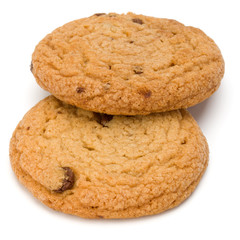 Two Chocolate chip cookies isolated on white background. Sweet biscuits. Homemade pastry.