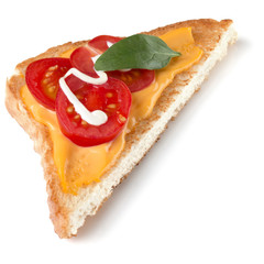 Open faced sandwich crostini isolated on white background closeup. Vegetarian canape with tomato. Appetizer tartarine.