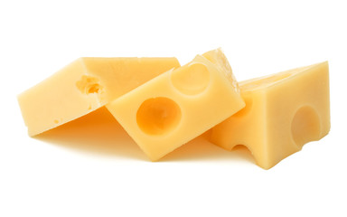 Cubes of cheese. Cheese block isolated on white background cutout