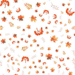 Seamless autumn leaves background, berries on white isolated background. Watercolor illustration