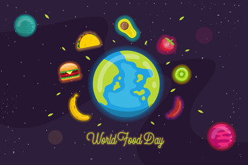 Obraz na płótnie Canvas World Food Day illustration vector with background outer space. suitable for social media, banner , poster , Flyer and related with food