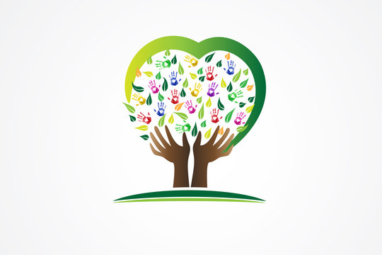 Tree hands print love heart logo web image vector