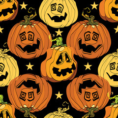 Orange Halloween pumpkins smiling repeat pattern.