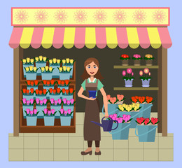 Flower Showcases and florists in a flat style.