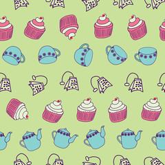Cute tea party elements geometrically aligned on a light green background .