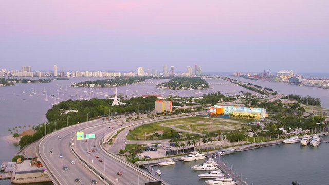 Aerial video Watson Island Macarthur Causeway port tunnel entrance and childrens museum 4k 60p