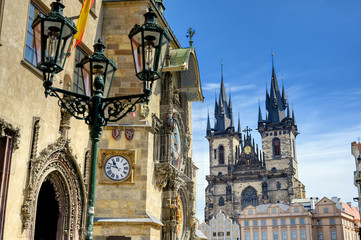 Obraz premium The Prague Astronomical Clock located at the Old Town Hall and the Church of Our Lady before Tyn in Prague, Czech Republic.