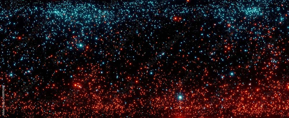Poster 3d rendering of abstract red and blue particles. fire versus ice, heat flame and cold frost ice scat