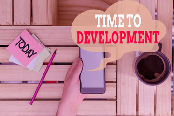 Text sign showing Time To Development. Business photo text a length of time during which a company grows or develop woman computer smartphone drink mug office supplies technological devices