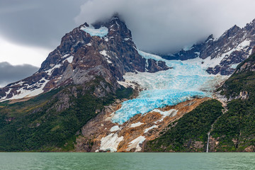 The Balmaceda peak and glacier by the Last Hope Sound or Fjord inside Bernardo O'Higgins national...