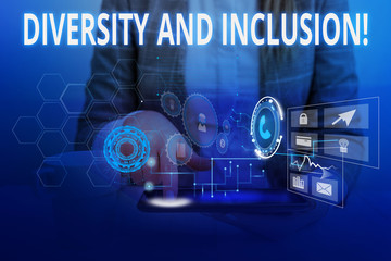 Word writing text Diversity And Inclusion. Business photo showcasing range huanalysis difference includes race ethnicity gender Woman wear formal work suit presenting presentation using smart device