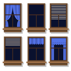 a set of windows for insertion on the facade of the building. Empty window, window with curtains and window with blinds.