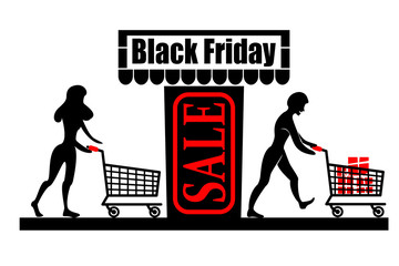 People with carts before and after shopping. Black Friday Sale - the carts are full.
