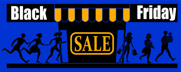 People rush for a big sale on Black Friday to the store. Contented happy shopping people go out of the store.