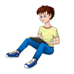 The teen boy sits and enthusiastically engaged with his personal electronic tablet.