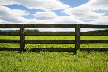 Foto op Plexiglas A wooden farm fence divides up grassy farm fields in Canterbury, New Zealand. A blue sky and white clouds spring day © Sheryl