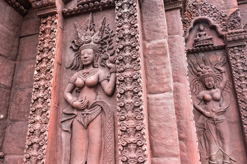 Stucco ancient. Stucco adorn ancient sanctuary. Huay Kaew temple in Lopburi, Thailand.