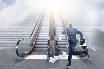 Running black businessman with briefcase