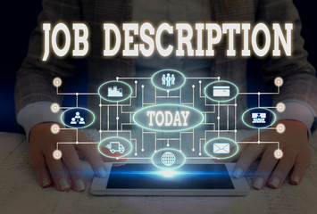Writing note showing Job Description. Business concept for a formal account of an employee s is...