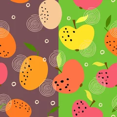 Wandcirkels plexiglas Seamless pattern with citrus fruits collection. Fresh oranges and apples background. Colorful wallpaper vector.  Decorative illustration, use for printing stationery, package juice © Morgan Ph