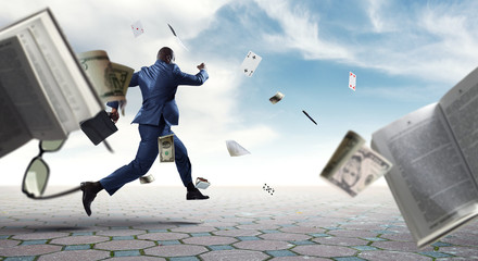 Businessman running in a hurry. Mixed media