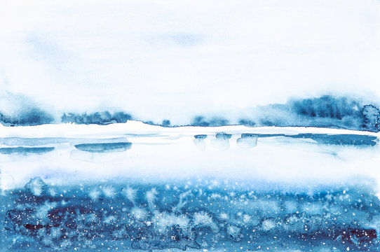 Abstract watercolor illustration of a night landscape de the lake with falling snow