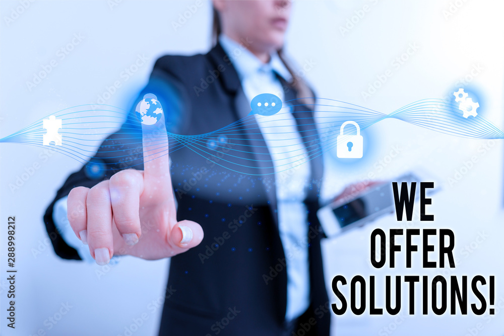 Aufkleber text sign showing we offer solutions. business photo text way to solve problem or deal with difficul